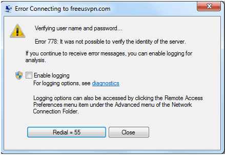 Free VPN Connection - Unable to verify identity error